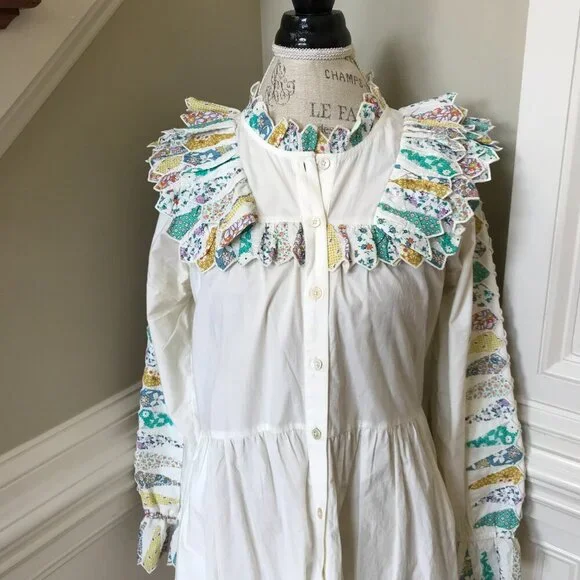 Sea NY Linden Patchwork Dress Womens XS Cream Blue Long Sleeve Ruffle Cotton - Picture 4 of 13